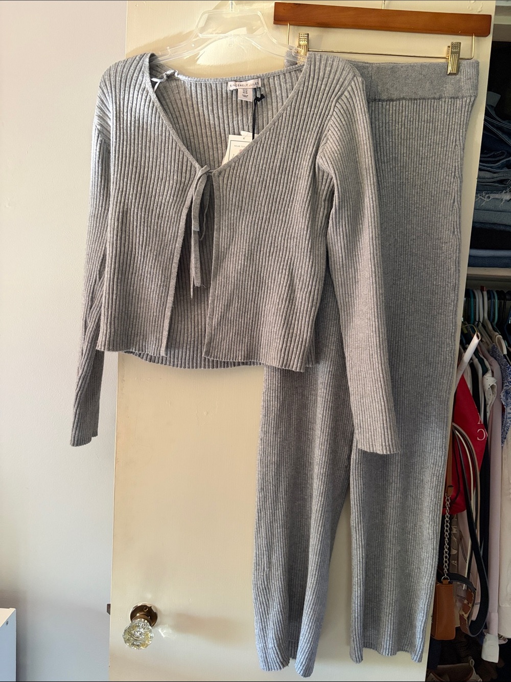 Sincerly Jules Ribbed Knit Wide Leg Two-Piece Set - Light Gray